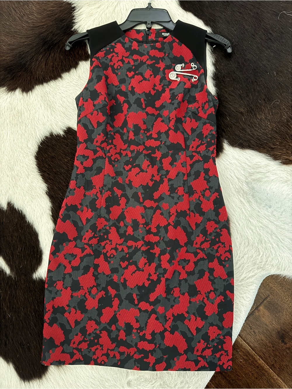 Versus Versace Lion Head Safety Pin Red Black Jacquard Dress IT 38